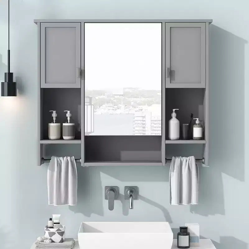 Mobiletto da bagno 35" x 28" con specchio e portasciugamani, armadietto a muro da bagno, pensile in legno, armadietti dei medicinali