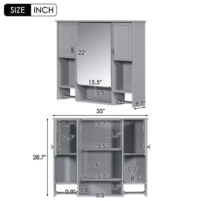 Mobiletto da bagno 35" x 28" con specchio e portasciugamani, armadietto a muro da bagno, pensile in legno, armadietti dei medicinali