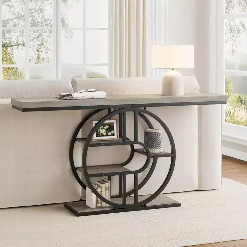 Console per ingresso, scaffali portaoggetti, tavolino stretto a 5 ripiani con scaffali rotondi, per soggiorno, corridoio, struttura in metallo a forma di o