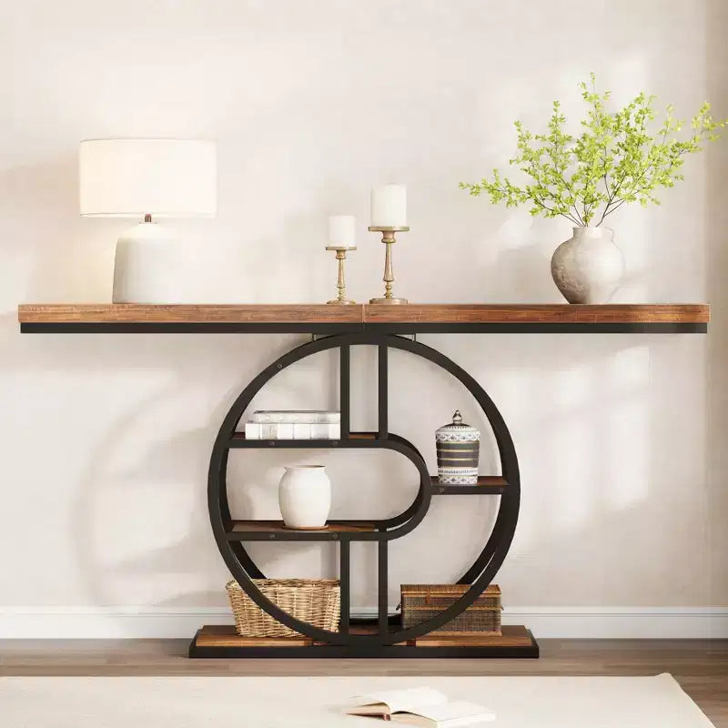 Console per ingresso, scaffali portaoggetti, tavolino stretto a 5 ripiani con scaffali rotondi, per soggiorno, corridoio, struttura in metallo a forma di o
