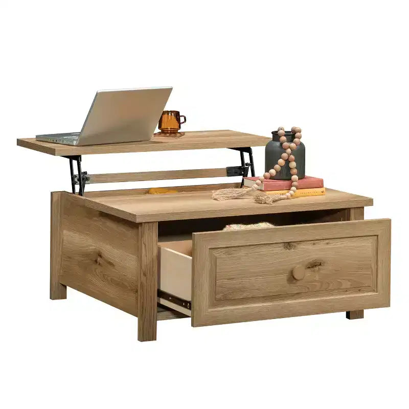 GDFStudio Halden Tavolino da caffè con ripiano sollevabile e vano portaoggetti nascosto in legno stile rustico