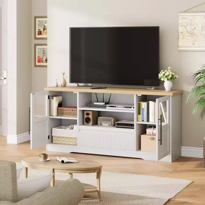 Mobile TV da 63 pollici per televisori fino a 75 pollici con ante in vetro e ripiani aperti, console multimediale moderna stile farmhouse con gestione dei cavi per soggiorno