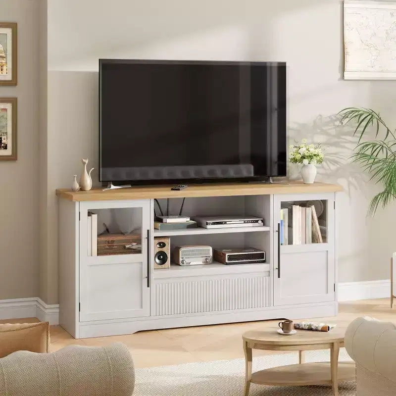Mobile TV da 63 pollici per televisori fino a 75 pollici con ante in vetro e ripiani aperti, console multimediale moderna stile farmhouse con gestione dei cavi per soggiorno