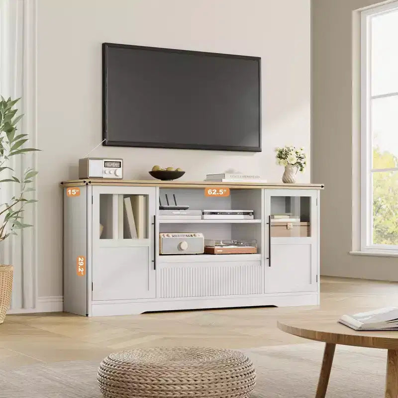 Mobile TV da 63 pollici per televisori fino a 75 pollici con ante in vetro e ripiani aperti, console multimediale moderna stile farmhouse con gestione dei cavi per soggiorno