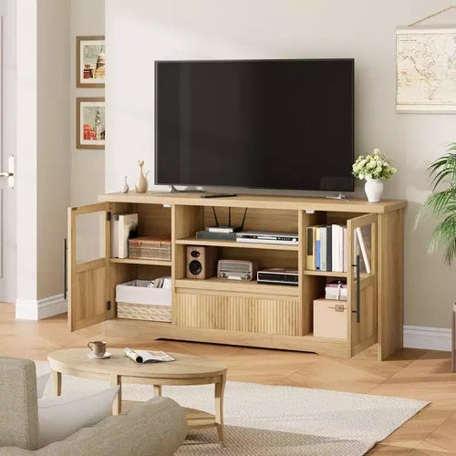 Meuble TV 63 pouces pour téléviseurs 75 pouces avec placards vitrés et étagères ouvertes, console multimédia moderne de style ferme avec gestion des câbles pour le salon