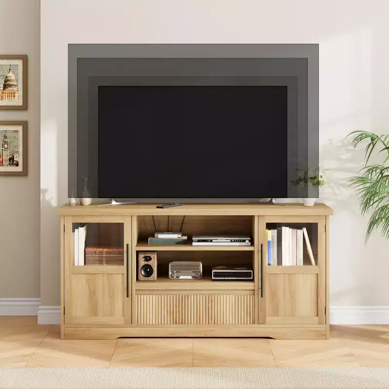 Mobile TV da 63 pollici per televisori fino a 75 pollici con ante in vetro e ripiani aperti, console multimediale moderna stile farmhouse con gestione dei cavi per soggiorno