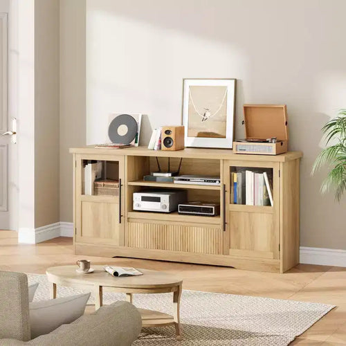 63 TV Stand for 75 Inch TVs with Glass Cabinets & Open Shelves, Farmhouse Modern Media Console with Cable Management for Living Room