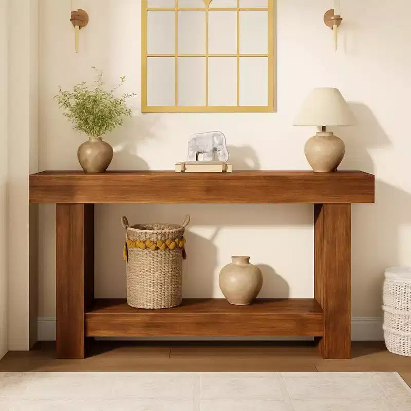 Consolle lunga 63 pollici per ingresso, Tavolo consolle in legno stile rustico per soggiorno, Tavolo da divano grande a 2 livelli con contenitore, Tavolo in legno per ingresso