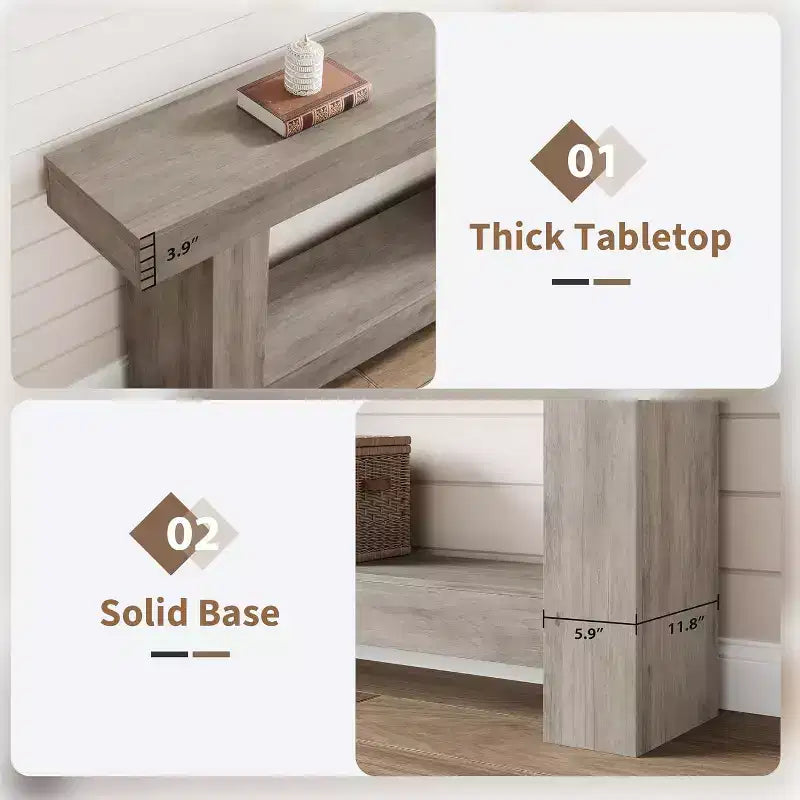 Consolle lunga 63 pollici per ingresso, Tavolo consolle in legno stile rustico per soggiorno, Tavolo da divano grande a 2 livelli con contenitore, Tavolo in legno per ingresso
