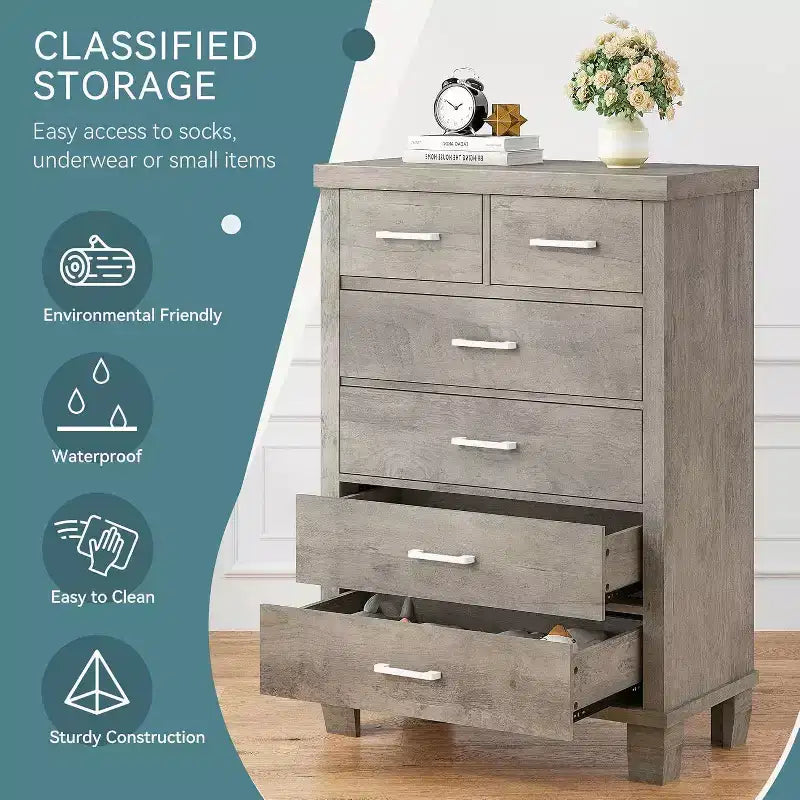Acekool Cassettiera Alta a 6 Cassetti, Comò Moderno con Maniglie in Metallo, Organizzatore Verticale per Camera da Letto e Armadio