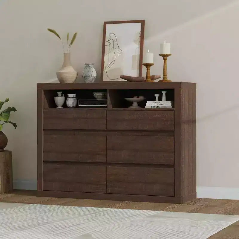 Comò moderno a 6 cassetti da 47 pollici con 2 ripiani aperti, mobile in legno di metà secolo per camera da letto, supporto TV da soggiorno