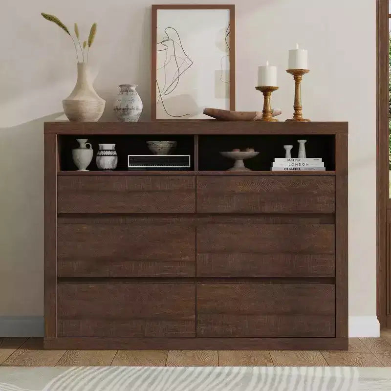 Comò moderno a 6 cassetti da 47 pollici con 2 ripiani aperti, mobile in legno di metà secolo per camera da letto, supporto TV da soggiorno