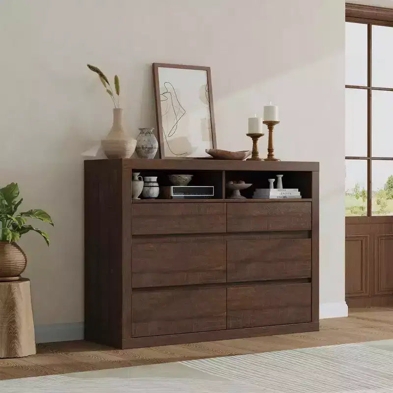 Comò moderno a 6 cassetti da 47 pollici con 2 ripiani aperti, mobile in legno di metà secolo per camera da letto, supporto TV da soggiorno