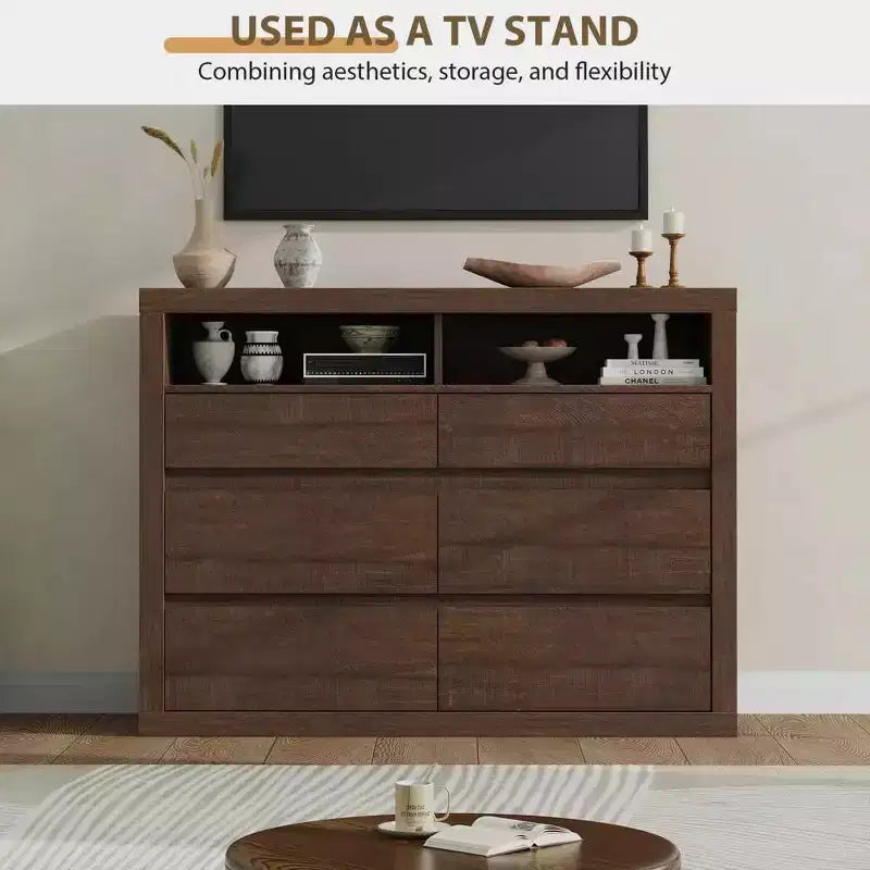 Comò moderno a 6 cassetti da 47 pollici con 2 ripiani aperti, mobile in legno di metà secolo per camera da letto, supporto TV da soggiorno