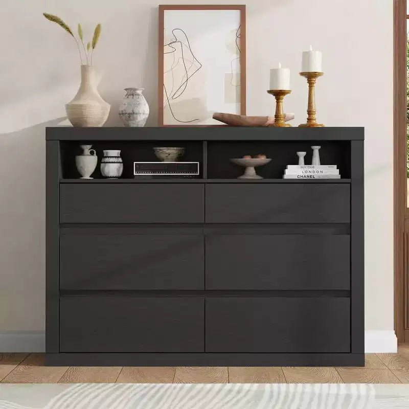 Comò moderno a 6 cassetti da 47 pollici con 2 ripiani aperti, mobile in legno di metà secolo per camera da letto, supporto TV da soggiorno