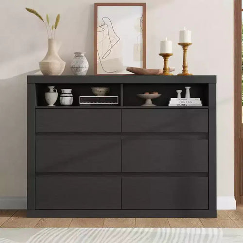Comò moderno a 6 cassetti da 47 pollici con 2 ripiani aperti, mobile in legno di metà secolo per camera da letto, supporto TV da soggiorno