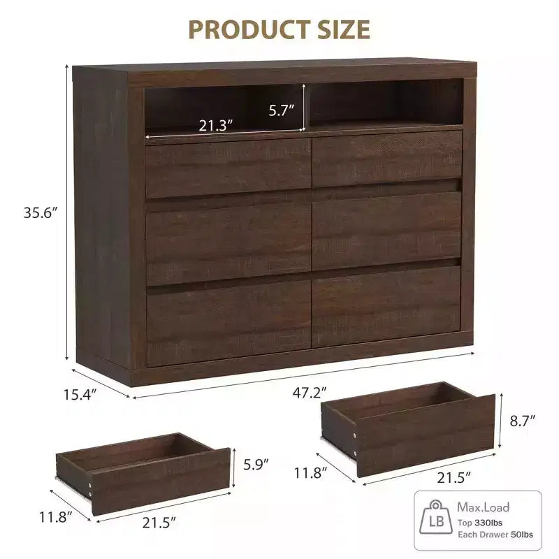 Comò moderno a 6 cassetti da 47 pollici con 2 ripiani aperti, mobile in legno di metà secolo per camera da letto, supporto TV da soggiorno