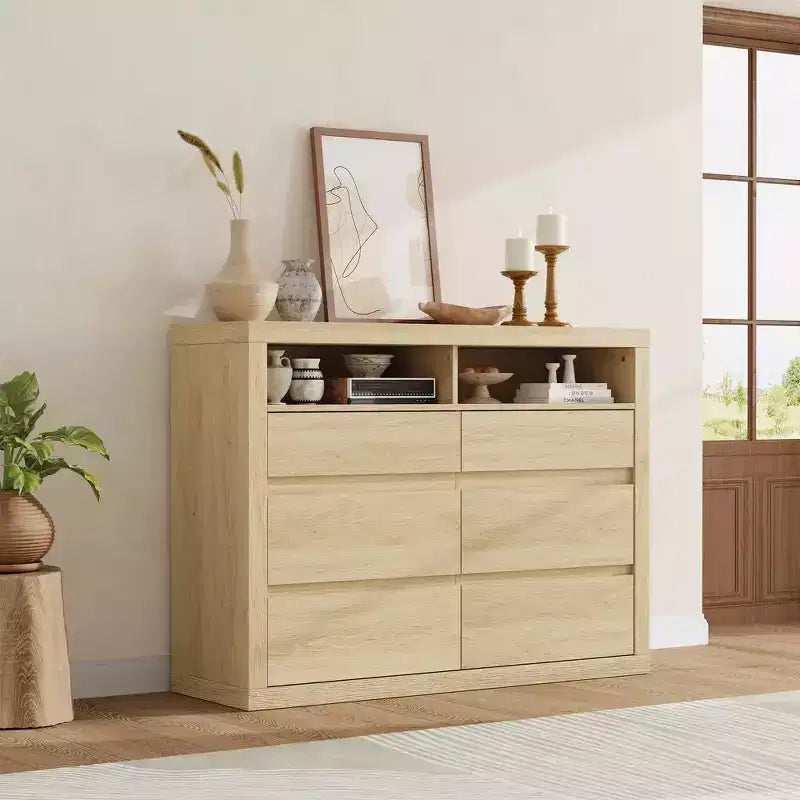 Comò moderno a 6 cassetti da 47 pollici con 2 ripiani aperti, mobile in legno di metà secolo per camera da letto, supporto TV da soggiorno
