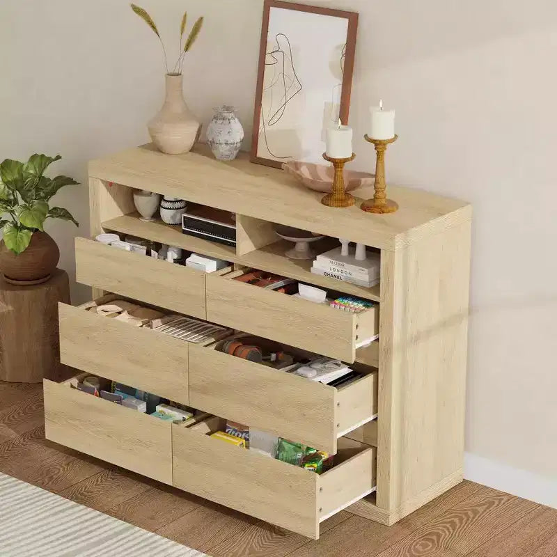 Comò moderno a 6 cassetti da 47 pollici con 2 ripiani aperti, mobile in legno di metà secolo per camera da letto, supporto TV da soggiorno