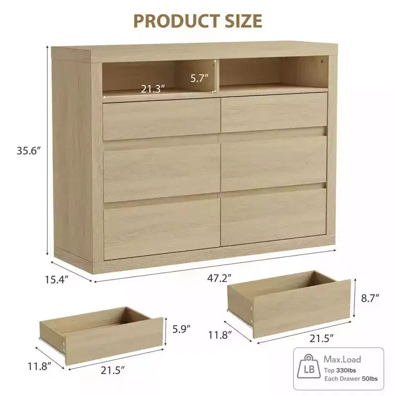 Comò moderno a 6 cassetti da 47 pollici con 2 ripiani aperti, mobile in legno di metà secolo per camera da letto, supporto TV da soggiorno