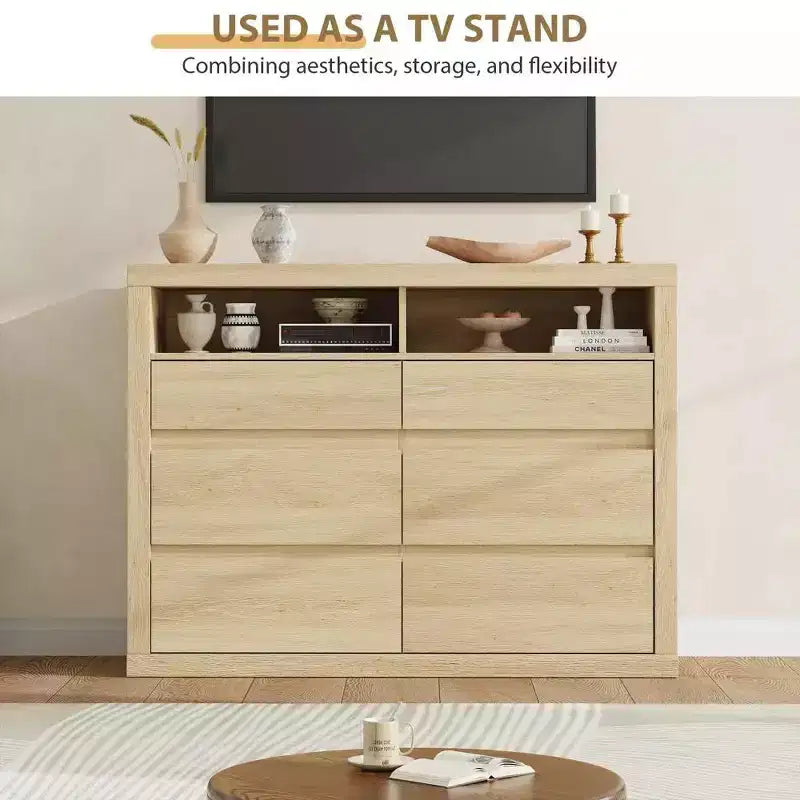 Comò moderno a 6 cassetti da 47 pollici con 2 ripiani aperti, mobile in legno di metà secolo per camera da letto, supporto TV da soggiorno