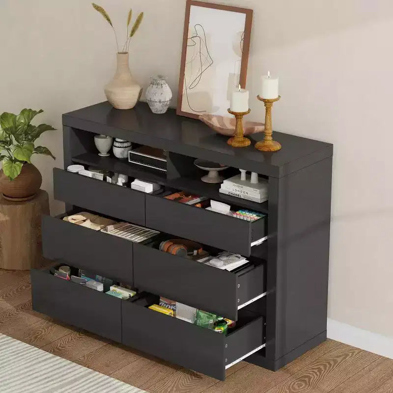 Comò moderno a 6 cassetti da 47 pollici con 2 ripiani aperti, mobile in legno di metà secolo per camera da letto, supporto TV da soggiorno