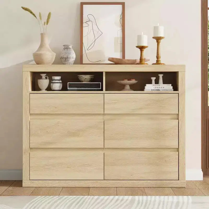 Comò moderno a 6 cassetti da 47 pollici con 2 ripiani aperti, mobile in legno di metà secolo per camera da letto, supporto TV da soggiorno