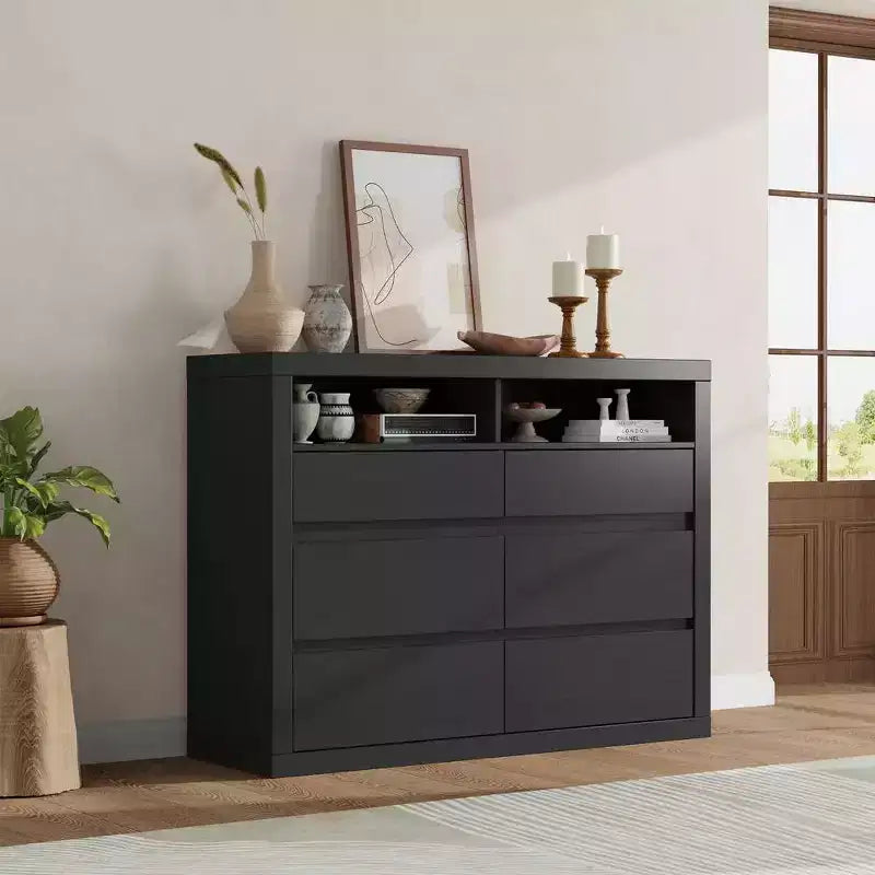 Comò moderno a 6 cassetti da 47 pollici con 2 ripiani aperti, mobile in legno di metà secolo per camera da letto, supporto TV da soggiorno