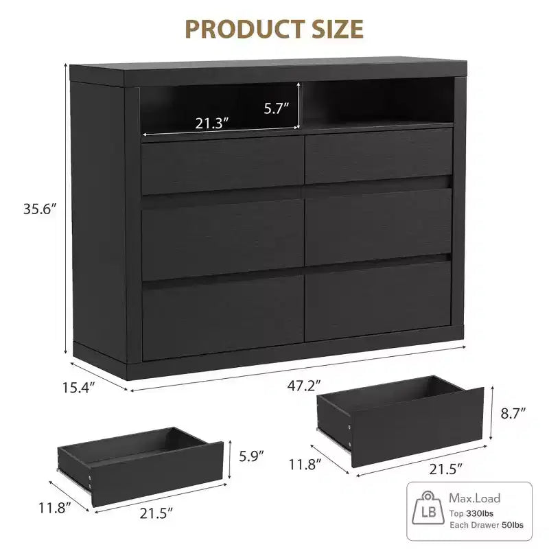 Comò moderno a 6 cassetti da 47 pollici con 2 ripiani aperti, mobile in legno di metà secolo per camera da letto, supporto TV da soggiorno
