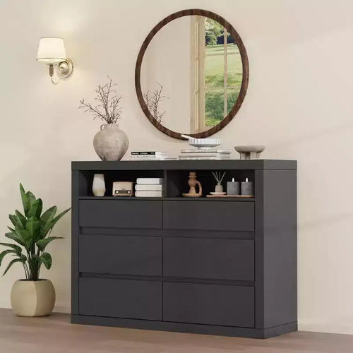 47 Modern 6-Drawer Dresser with 2 Open Shelves, Mid-Century Wood Chest for Bedroom, Living Room TV Stand