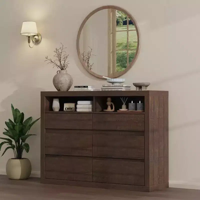 Comò moderno a 6 cassetti da 47 pollici con 2 ripiani aperti, mobile in legno di metà secolo per camera da letto, supporto TV da soggiorno