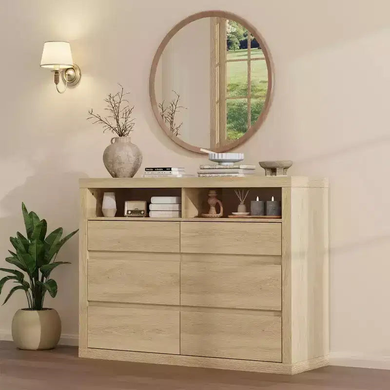 Comò moderno a 6 cassetti da 47 pollici con 2 ripiani aperti, mobile in legno di metà secolo per camera da letto, supporto TV da soggiorno