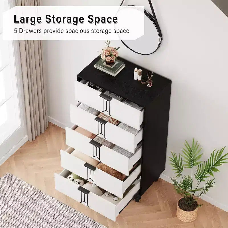 Acekool Comò a 5 Cassetti, Cassettiera Moderna con Motivo Vintage e Spazio Contenitivo Profondo per Camera da Letto, Soggiorno, Ingresso