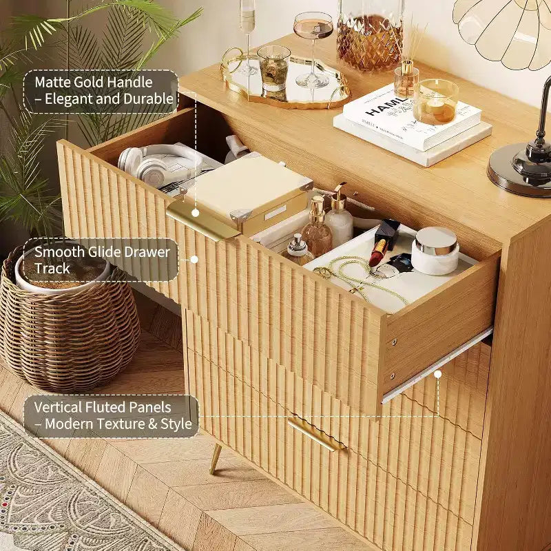 Cassettiera a 4 cassetti con 32 scanalature – Comò moderno in legno con maniglie in metallo, organizer contenitore e porta TV per camera da letto, soggiorno e corridoio.