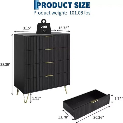 Cassettiera a 4 cassetti con 32 scanalature – Comò moderno in legno con maniglie in metallo, organizer contenitore e porta TV per camera da letto, soggiorno e corridoio.