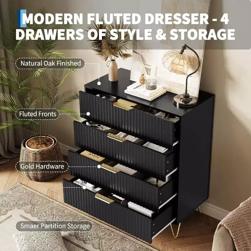 Cassettiera a 4 cassetti con 32 scanalature – Comò moderno in legno con maniglie in metallo, organizer contenitore e porta TV per camera da letto, soggiorno e corridoio.
