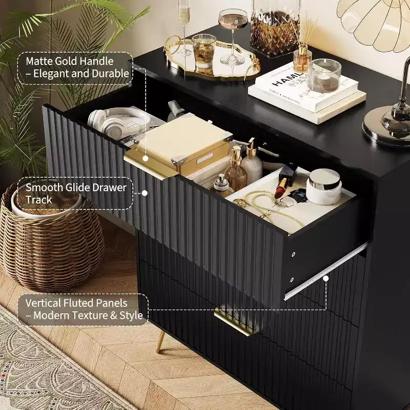 Cassettiera a 4 cassetti con 32 scanalature – Comò moderno in legno con maniglie in metallo, organizer contenitore e porta TV per camera da letto, soggiorno e corridoio.