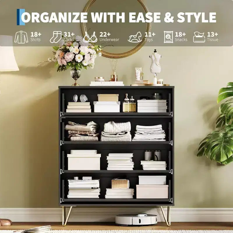 Cassettiera a 4 cassetti con 32 scanalature – Comò moderno in legno con maniglie in metallo, organizer contenitore e porta TV per camera da letto, soggiorno e corridoio.