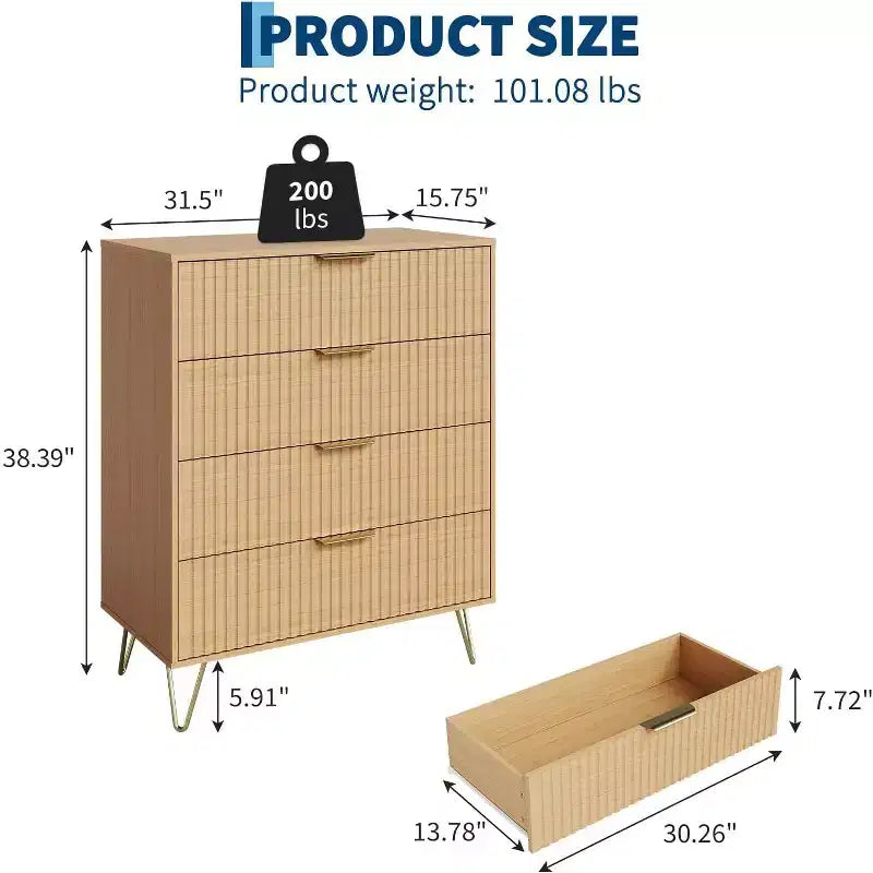 Cassettiera a 4 cassetti con 32 scanalature – Comò moderno in legno con maniglie in metallo, organizer contenitore e porta TV per camera da letto, soggiorno e corridoio.
