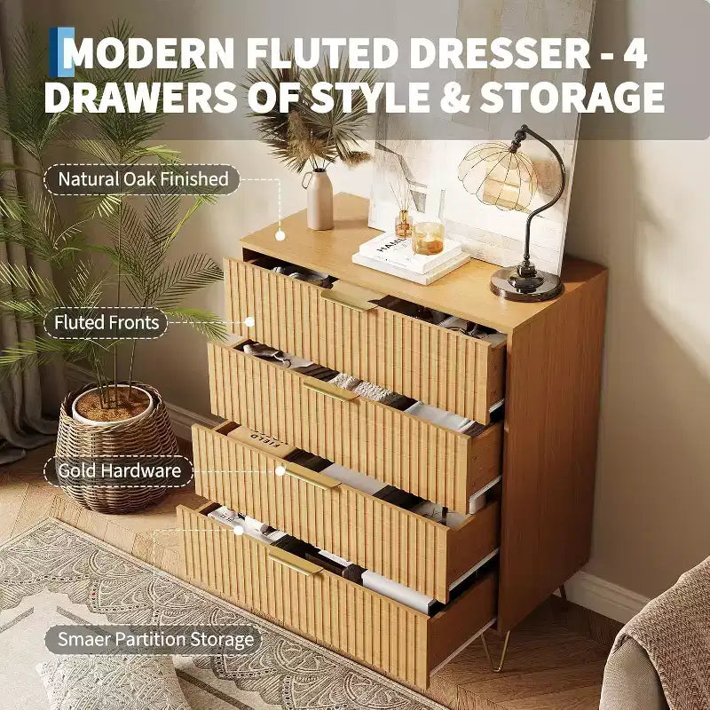 Cassettiera a 4 cassetti con 32 scanalature – Comò moderno in legno con maniglie in metallo, organizer contenitore e porta TV per camera da letto, soggiorno e corridoio.