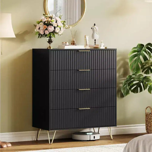 32 Fluted 4-Drawer Dresser - Modern Wooden Chest with Metal Handles, Storage Organizer & TV Stand for Bedroom, Living Room & Hallway.