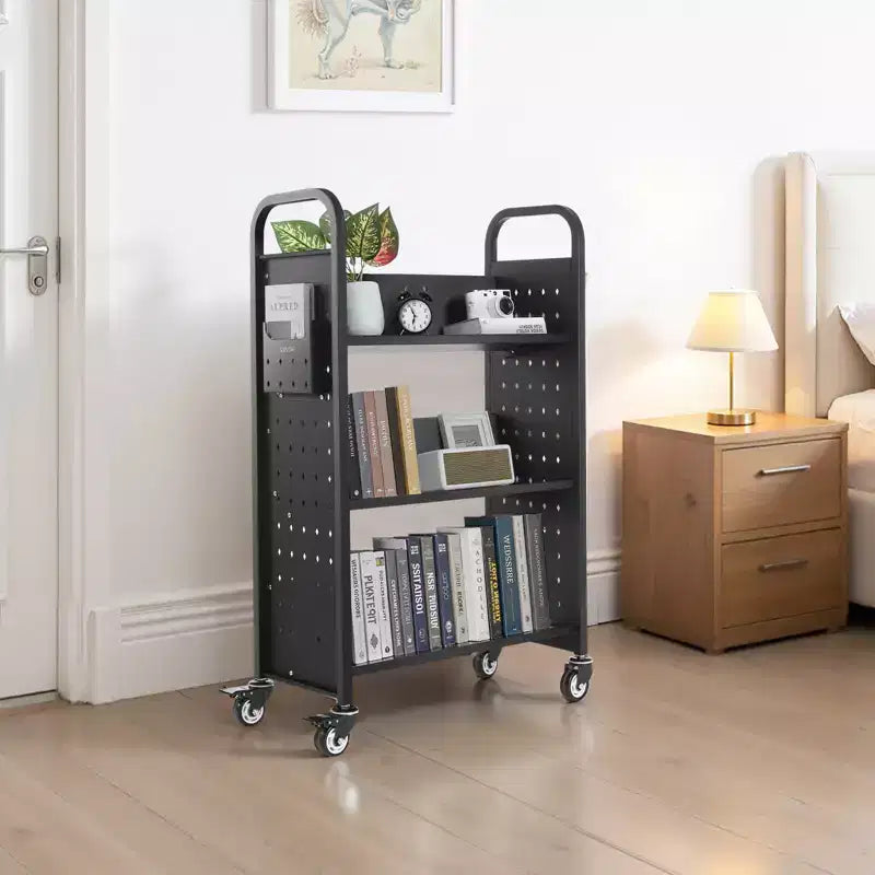 Carrello porta libri mobile VEVOR, capacità 150 kg, carrello per biblioteca 77 x 38 x 122 cm, scaffali a V su un lato con ruote bloccabili da 7,6 cm, nero