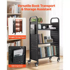 Carrello porta libri mobile VEVOR, capacità 150 kg, carrello per biblioteca 77 x 38 x 122 cm, scaffali a V su un lato con ruote bloccabili da 7,6 cm, nero