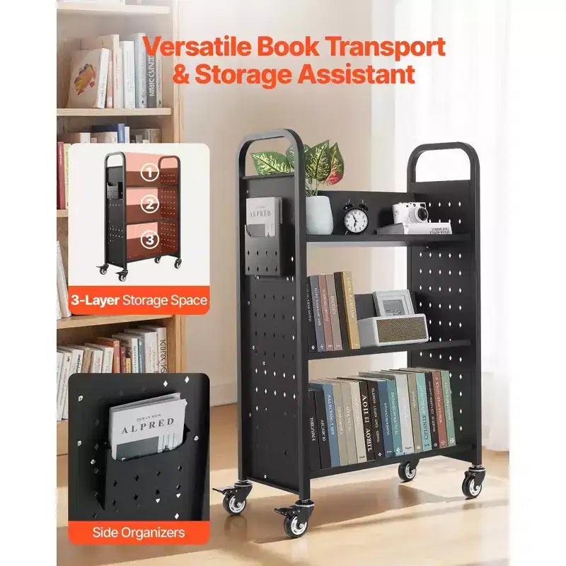 Carrello porta libri mobile VEVOR, capacità 150 kg, carrello per biblioteca 77 x 38 x 122 cm, scaffali a V su un lato con ruote bloccabili da 7,6 cm, nero