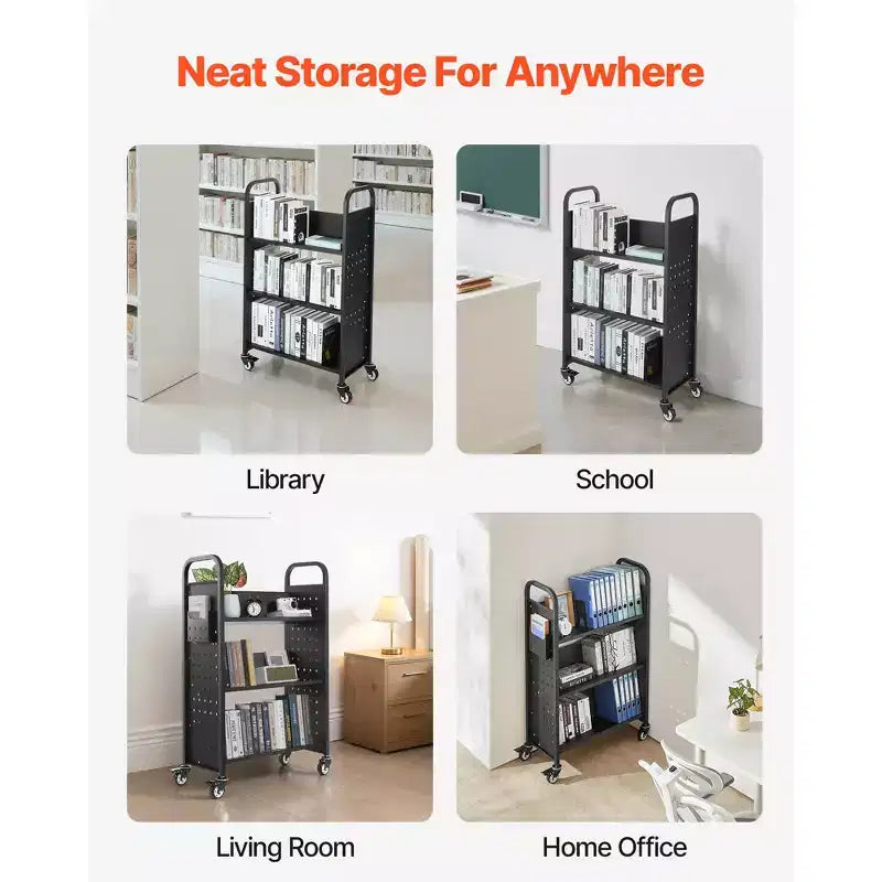 Carrello porta libri mobile VEVOR, capacità 150 kg, carrello per biblioteca 77 x 38 x 122 cm, scaffali a V su un lato con ruote bloccabili da 7,6 cm, nero