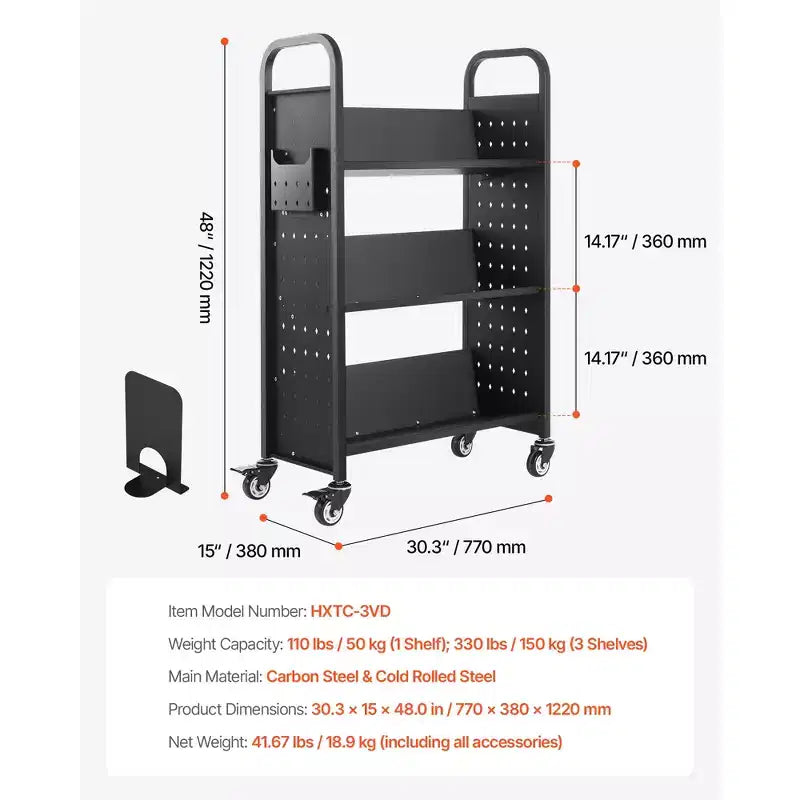 Carrello porta libri mobile VEVOR, capacità 150 kg, carrello per biblioteca 77 x 38 x 122 cm, scaffali a V su un lato con ruote bloccabili da 7,6 cm, nero