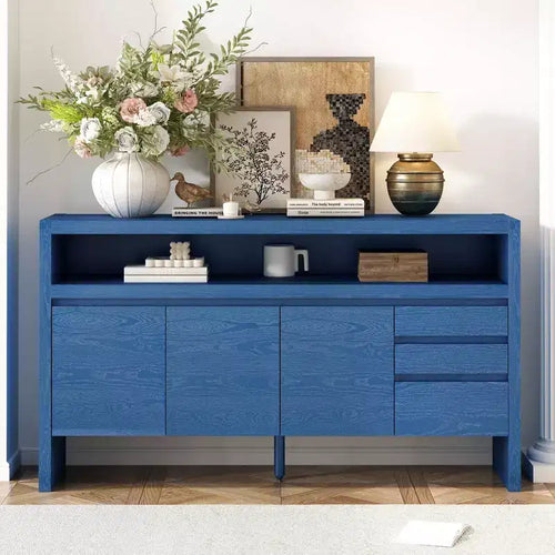 60 Storage Cabinet Buffet Sideboard with 3 Doors, 3 Drawers and Open Shelf, Accent Entryway Console Table navy blue