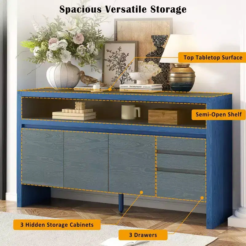 Mobiletto contenitore da 60" a buffet con 3 ante, 3 cassetti e ripiano aperto, consolle d'ingresso d'accento, blu navy