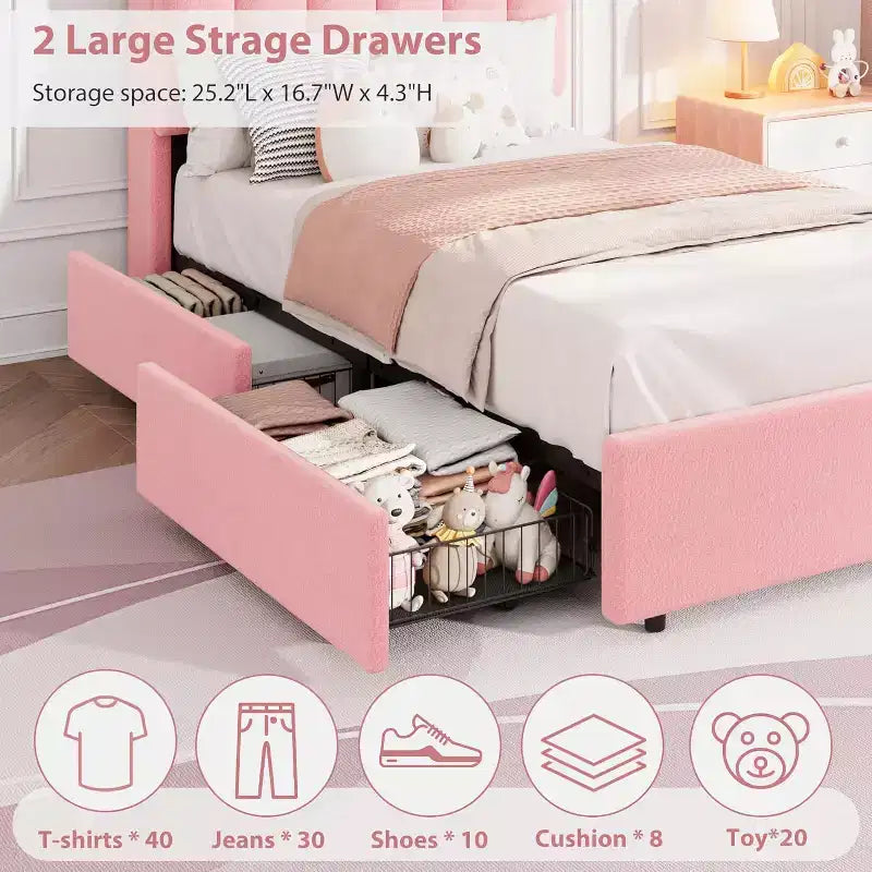 Letto matrimoniale singolo (Twin Size) con luci LED, testiera contenitore con 2 cassetti, testiera ondulata chic con libreria, base per materasso con doghe in legno