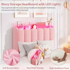Letto matrimoniale singolo (Twin Size) con luci LED, testiera contenitore con 2 cassetti, testiera ondulata chic con libreria, base per materasso con doghe in legno
